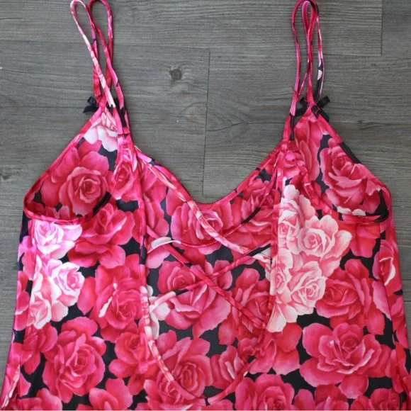 Vintage Y2K Rose Floral Print Pink Coquette Bow Lingerie Slip Dress - Picture 2 of 7